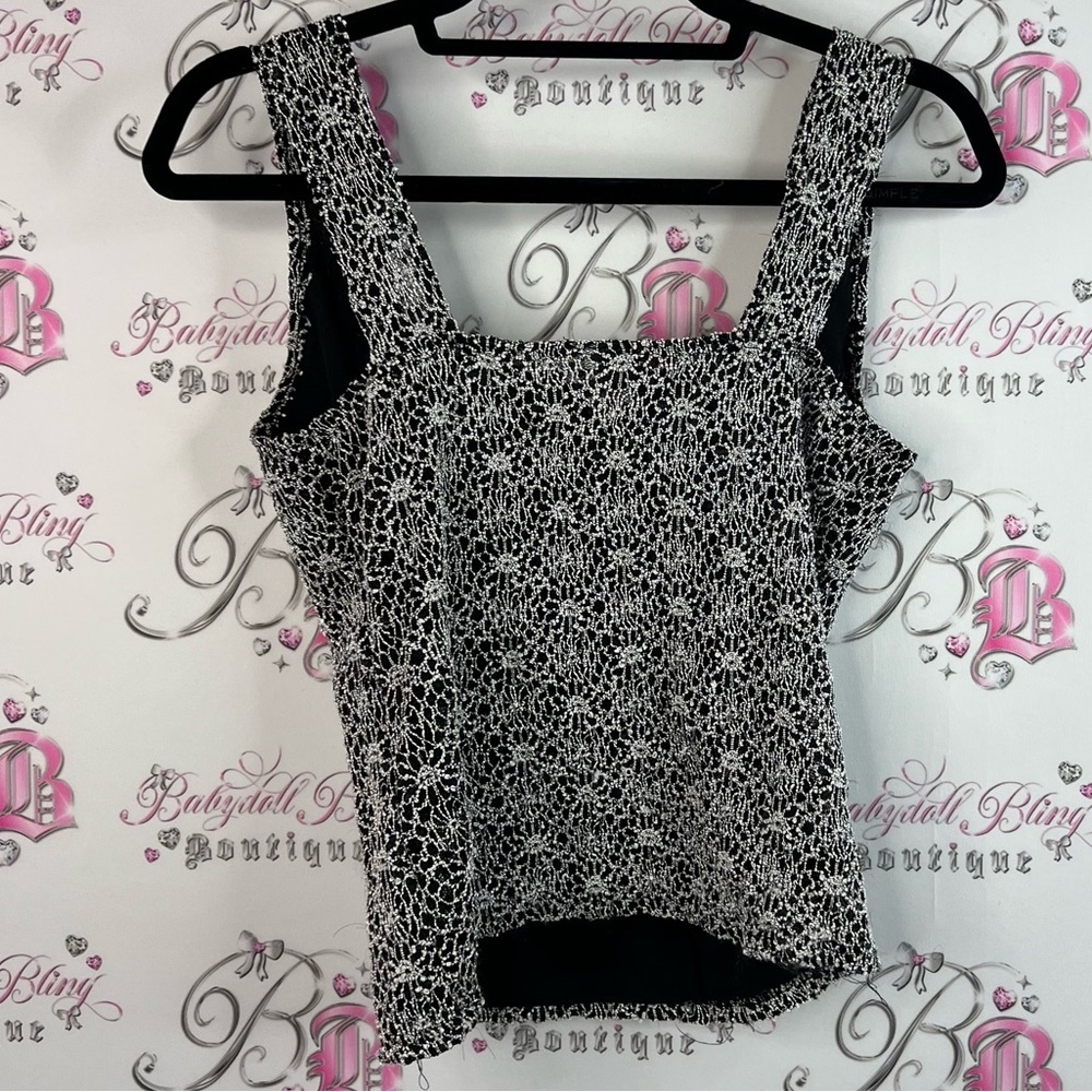 NICOLA tank top crochet detail Black and White silver Floral Tank Top cami - Picture 2 of 9